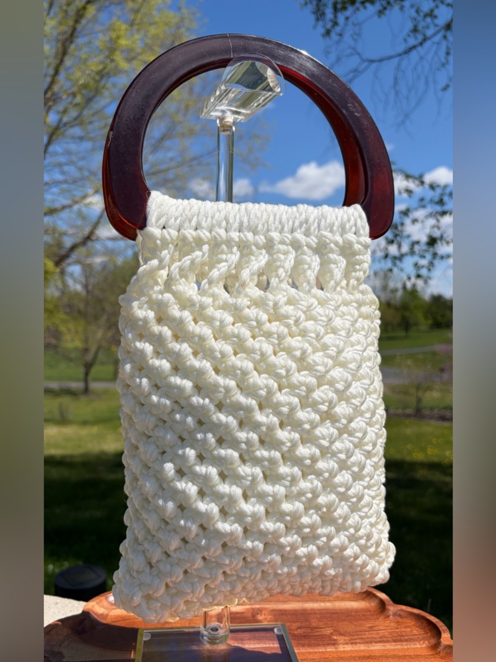 Vintage Macrame Lined Handbag Handmade White Nylon EUC